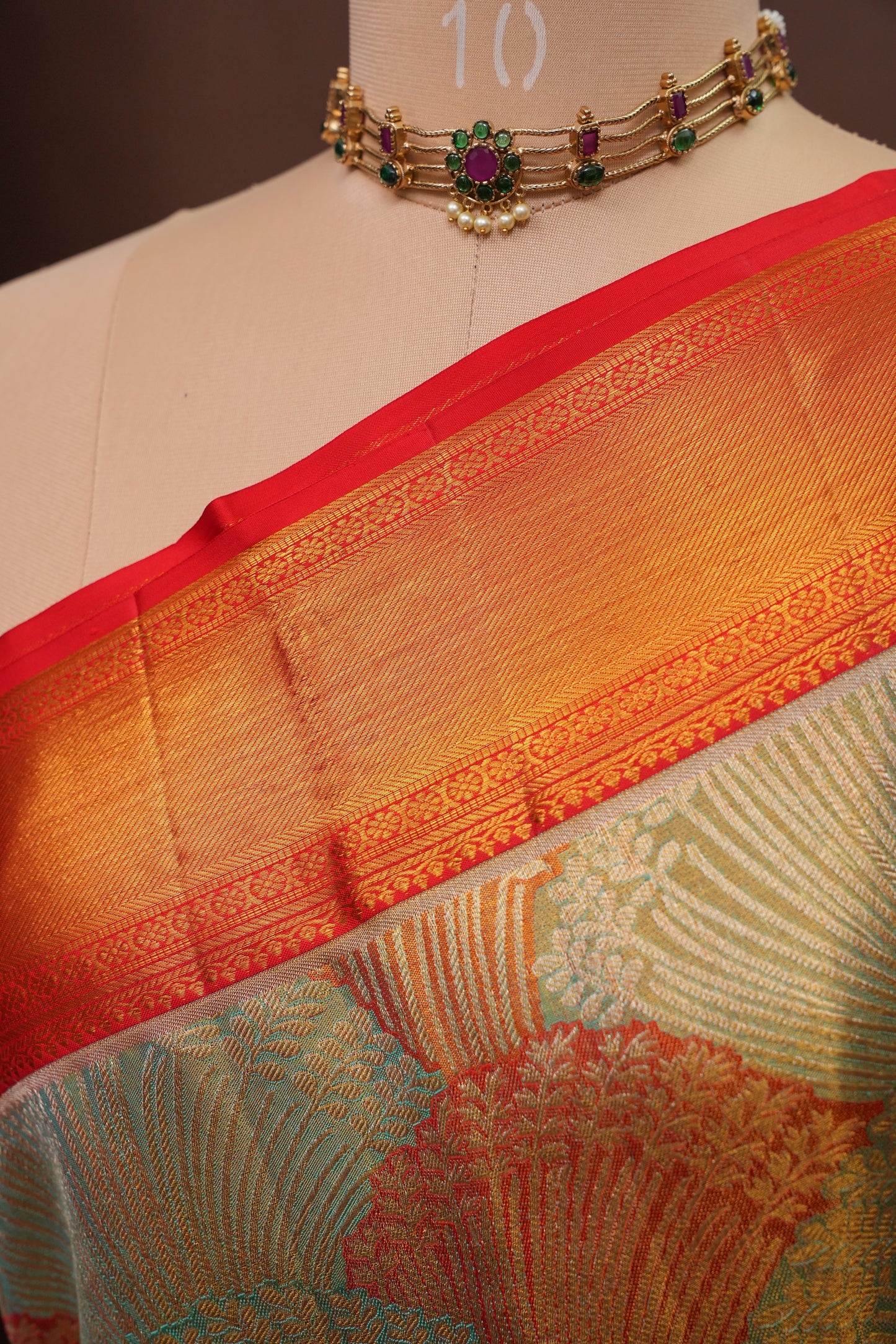 Sea Green & Vermilion Red Pure Tissue Kanchipuram Silk Saree|Silk Mark Certified