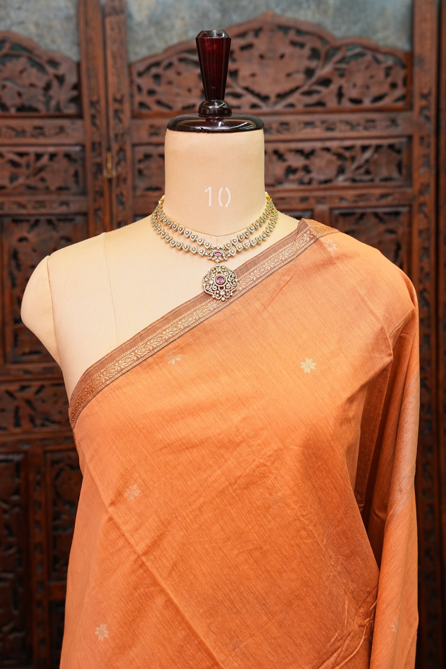 Semi Maheshwari Silk Cotton Saree – Peach Orange with Gold Zari Buttas