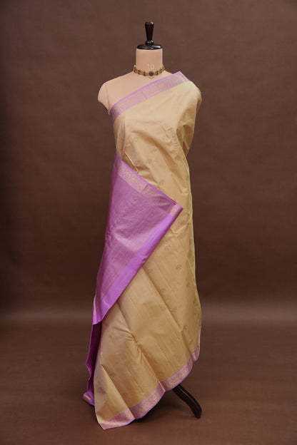 Beige & Lilac Pure Kanchipuram Silk Saree|Silk Mark Certified