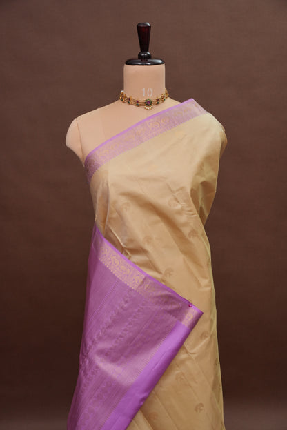 Beige & Lilac Pure Kanchipuram Silk Saree|Silk Mark Certified