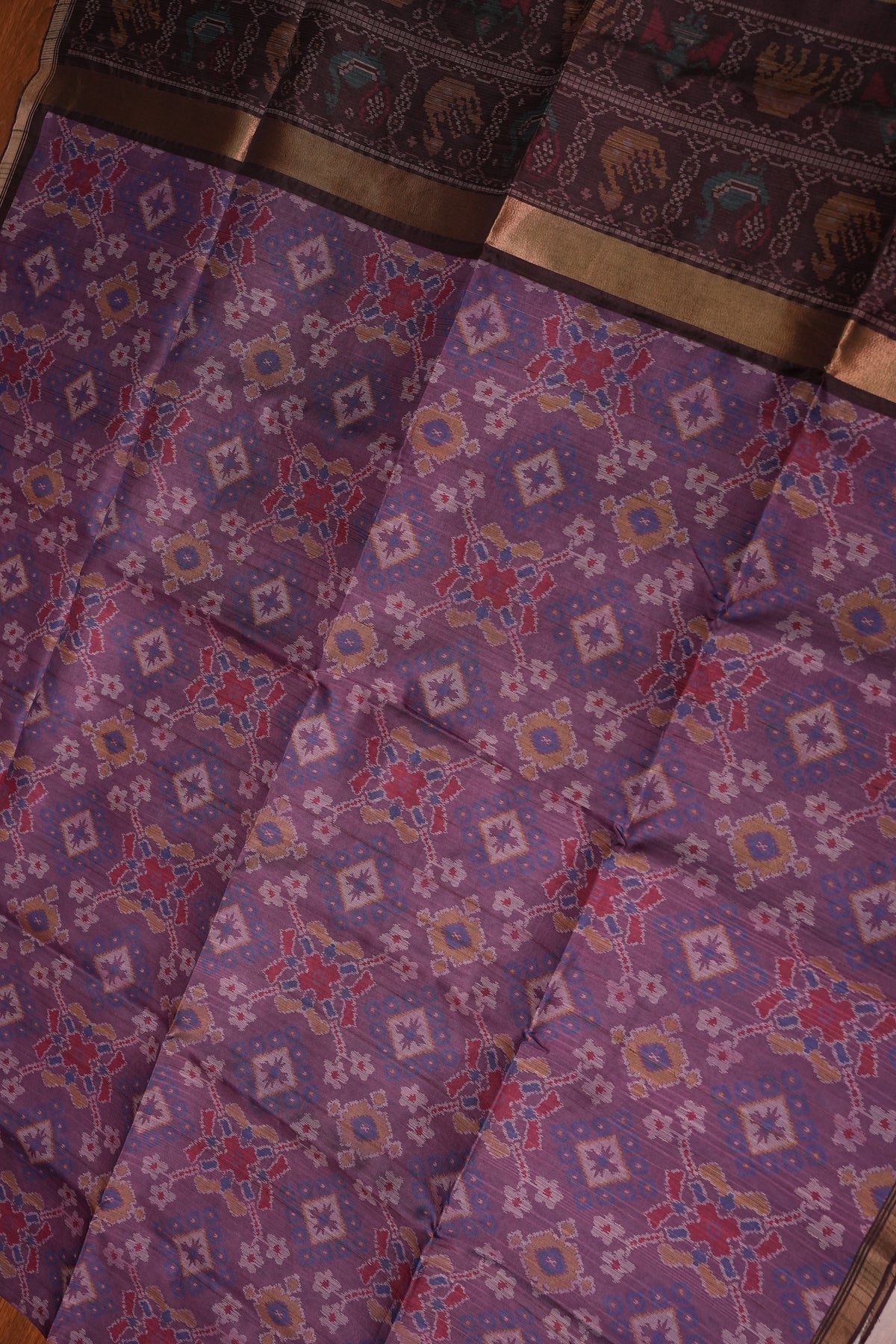 Semi Tussar Saree with Digital Patola Print & Piping Border – Mauve Purple