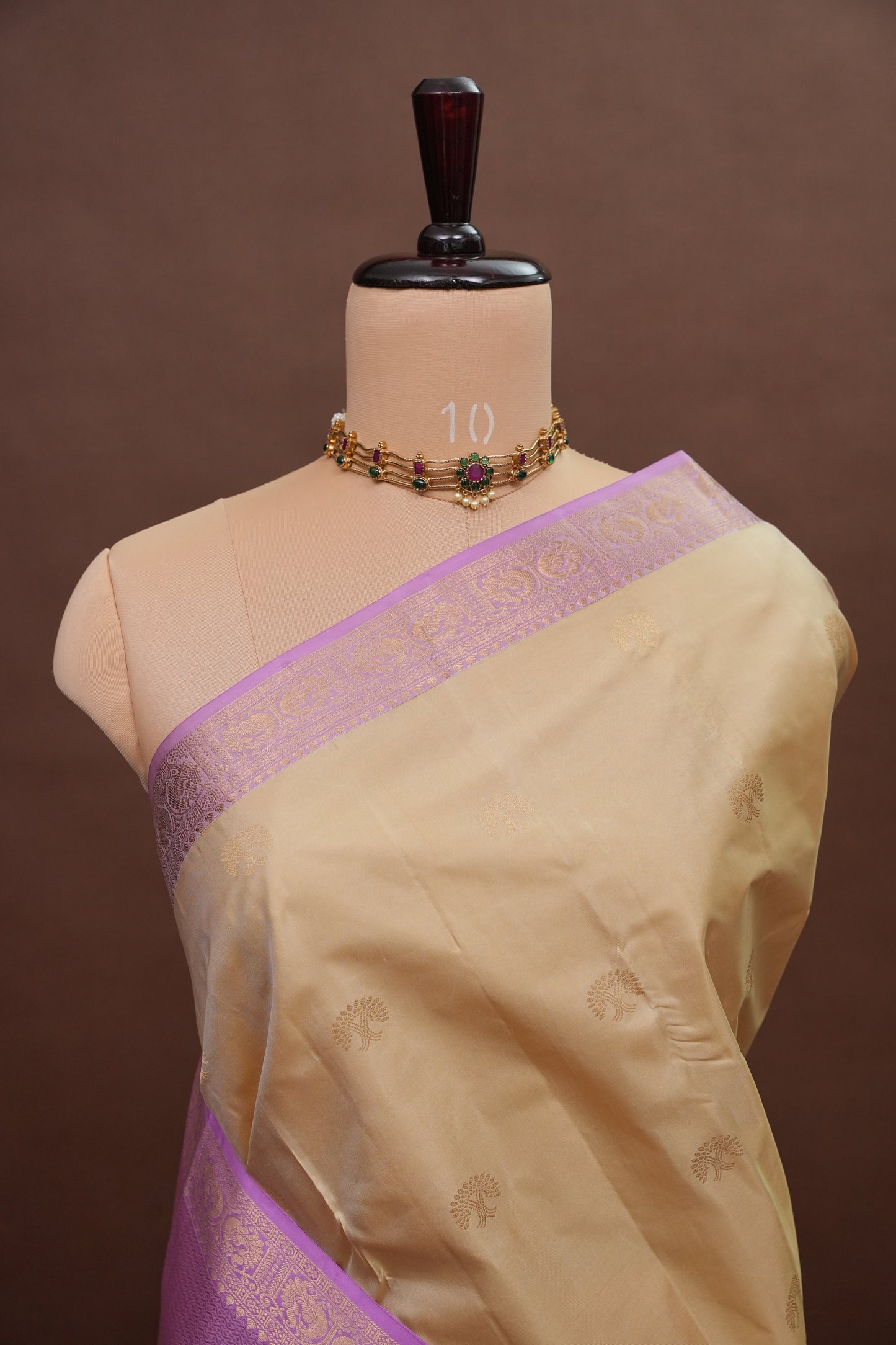 Beige & Lilac Pure Kanchipuram Silk Saree|Silk Mark Certified