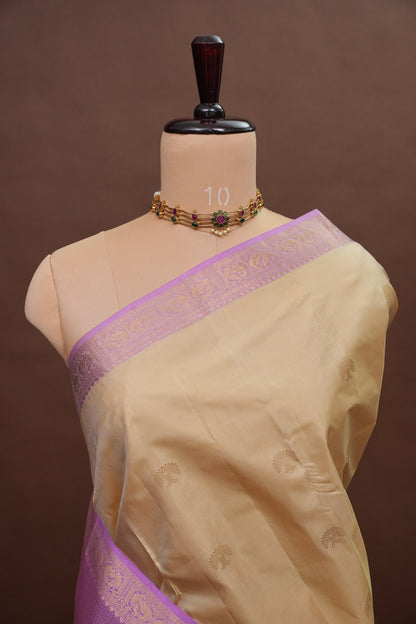 Beige & Lilac Pure Kanchipuram Silk Saree|Silk Mark Certified