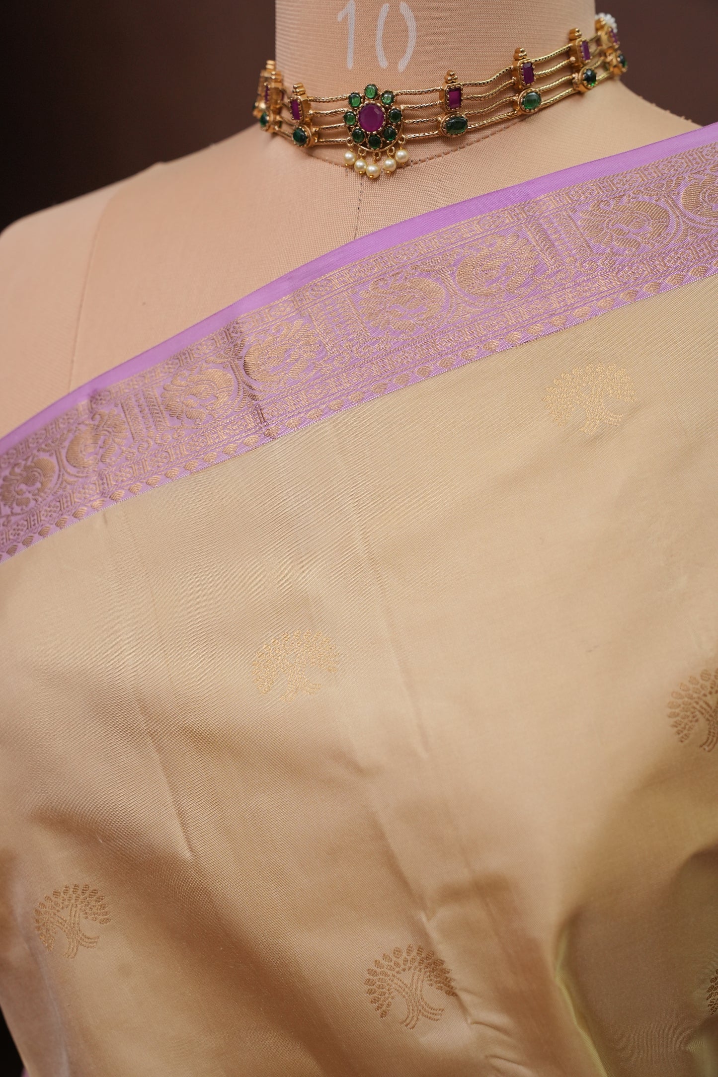 Beige & Lilac Pure Kanchipuram Silk Saree|Silk Mark Certified