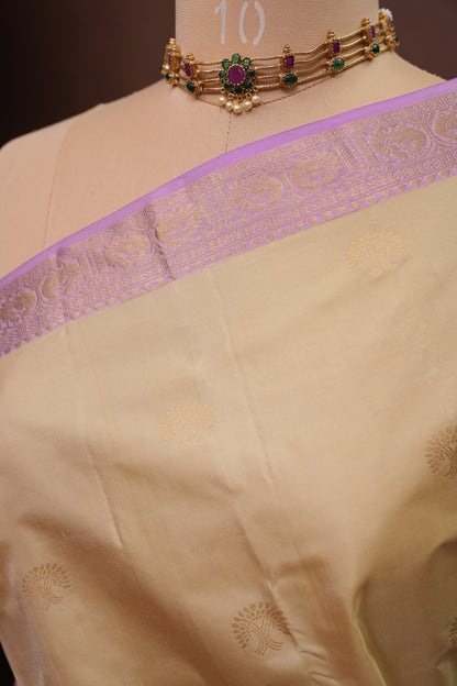 Beige & Lilac Pure Kanchipuram Silk Saree|Silk Mark Certified
