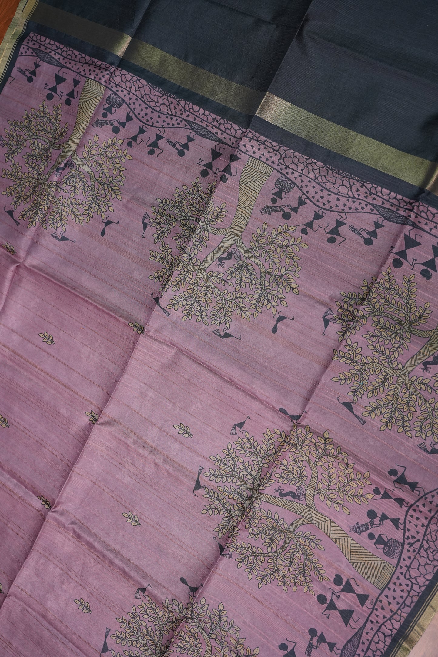 Semi Tussar Saree with Digital Warli Print & Piping Border – Dusty Mauve