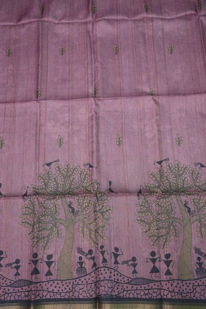 Semi Tussar Saree with Digital Warli Print & Piping Border – Dusty Mauve
