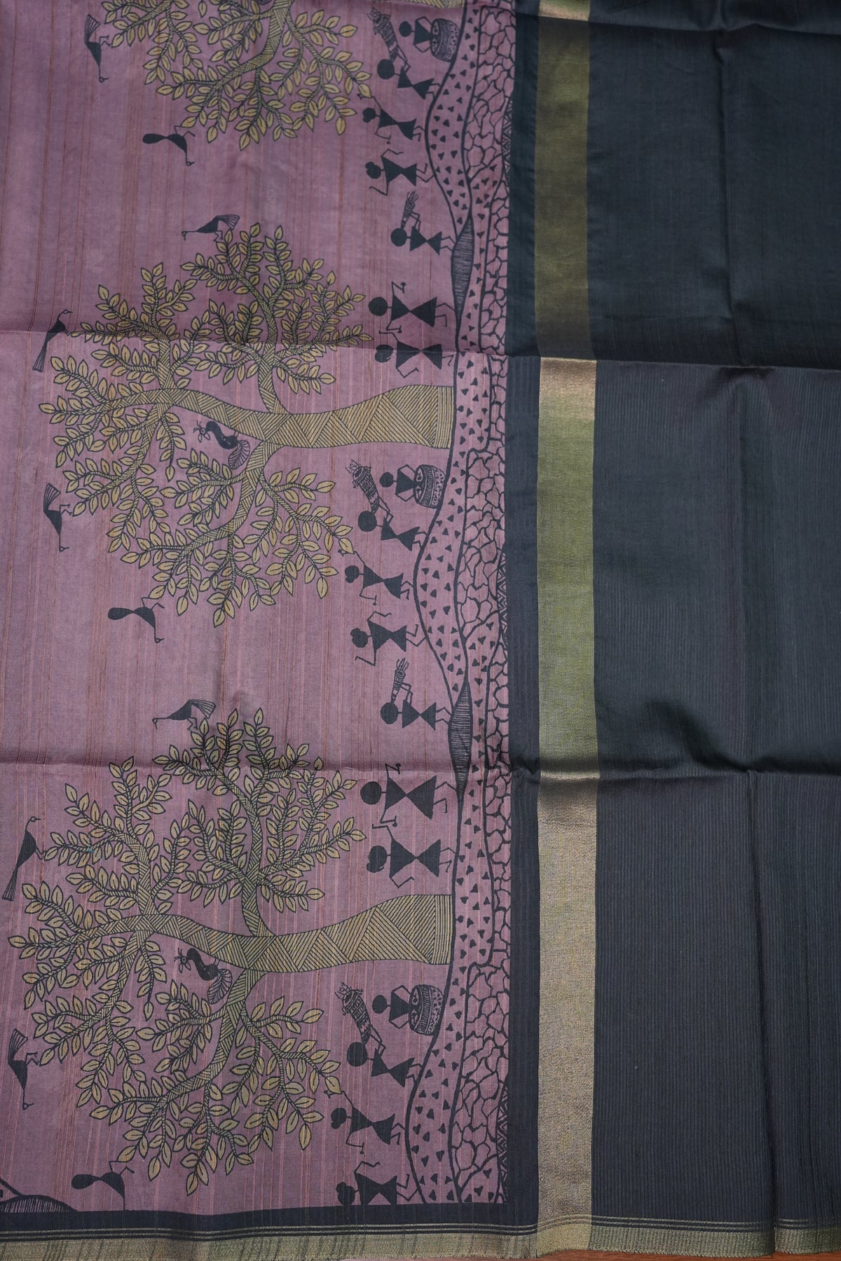Semi Tussar Saree with Digital Warli Print & Piping Border – Dusty Mauve