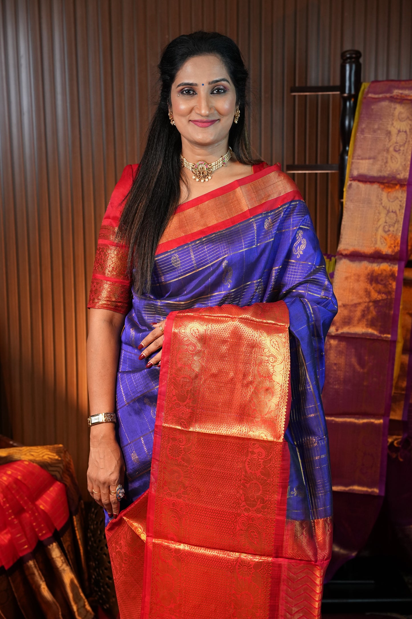Pure Kuppadam Saree - Royal Blue and Red