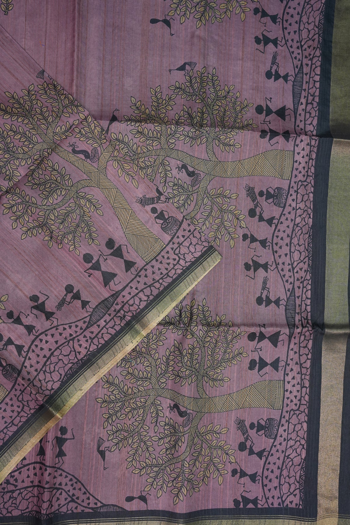 Semi Tussar Saree with Digital Warli Print & Piping Border – Dusty Mauve