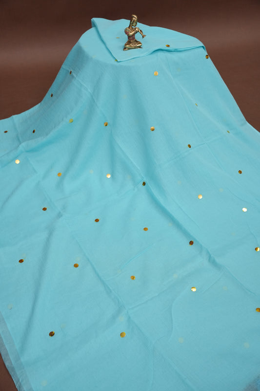 Mulmul Cotton Saree with Tassels - Sky Blue