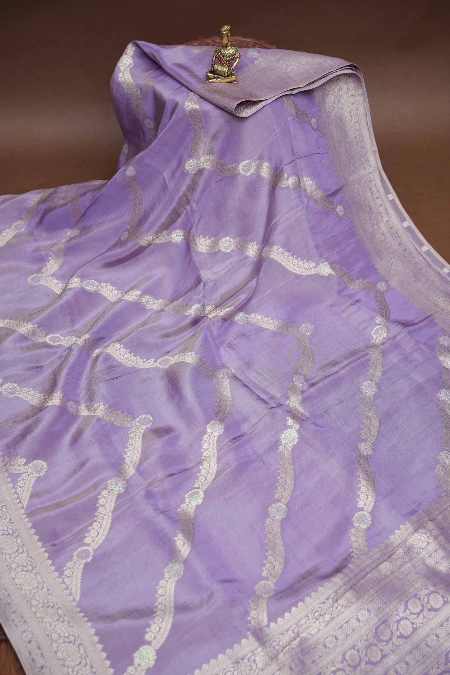 Mellow Tissue Banarasi Silk Saree in Lavender Mist with Silver Zari Floral Vines