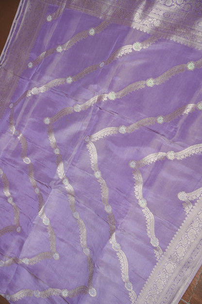 Mellow Tissue Banarasi Silk Saree in Lavender Mist with Silver Zari Floral Vines