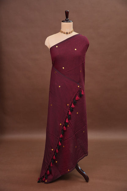 Mulmul Cotton Saree with Tassels - Maroon