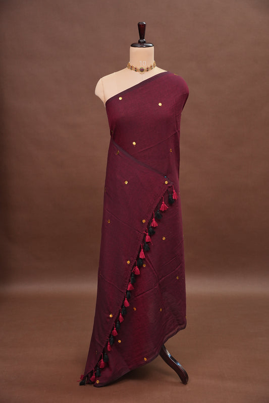 Mulmul Cotton Saree with Tassels - Maroon