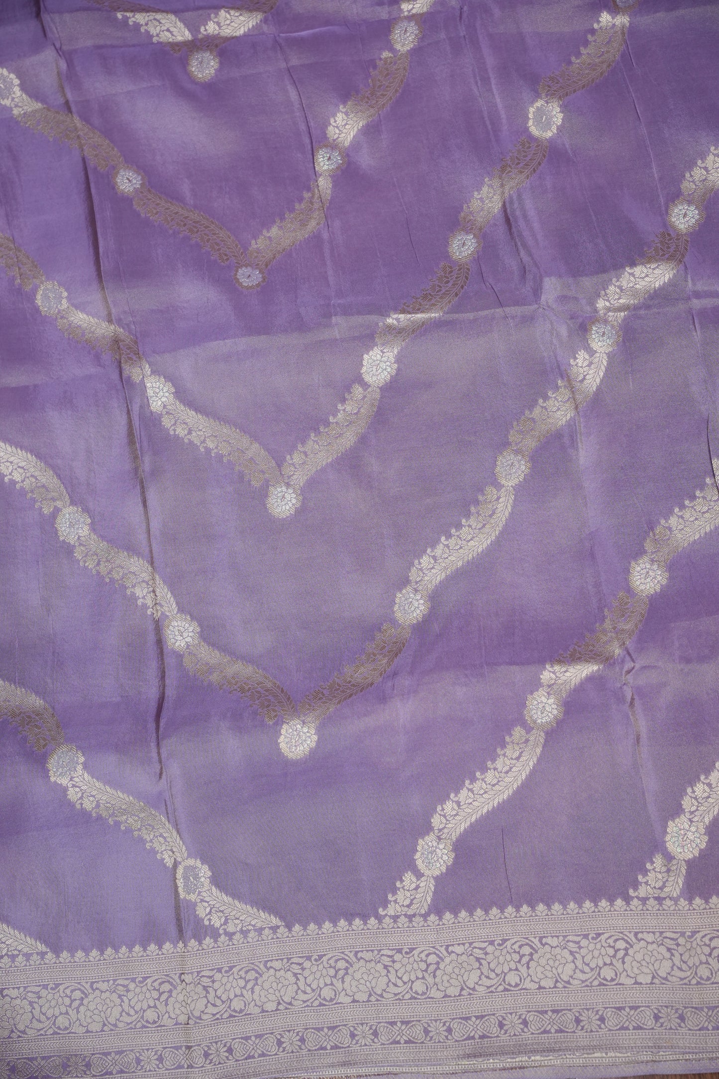 Mellow Tissue Banarasi Silk Saree in Lavender Mist with Silver Zari Floral Vines