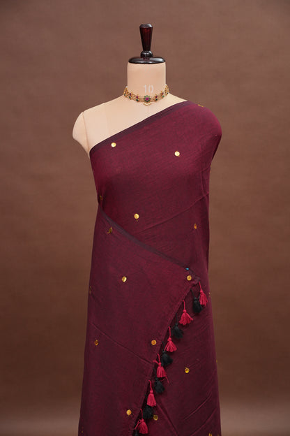 Mulmul Cotton Saree with Tassels - Maroon