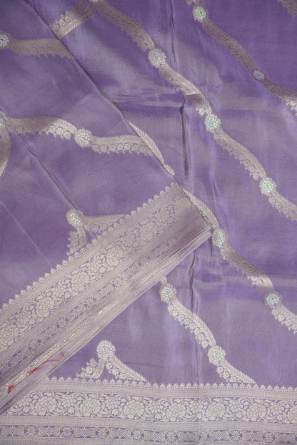 Mellow Tissue Banarasi Silk Saree in Lavender Mist with Silver Zari Floral Vines