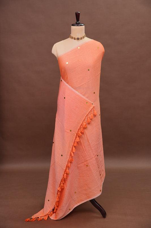 Mulmul Cotton Saree with Tassels - Sunset Orange