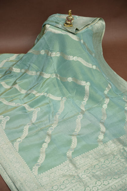 Mellow Tissue Banarasi Silk Saree in Sea Green Mist with Silver Zari