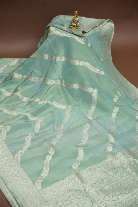 Mellow Tissue Banarasi Silk Saree in Sea Green Mist with Silver Zari