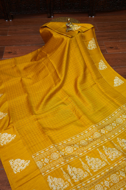 Semi Tussar Saree with Checkered Body & Elephant Motifs – Mustard Yellow