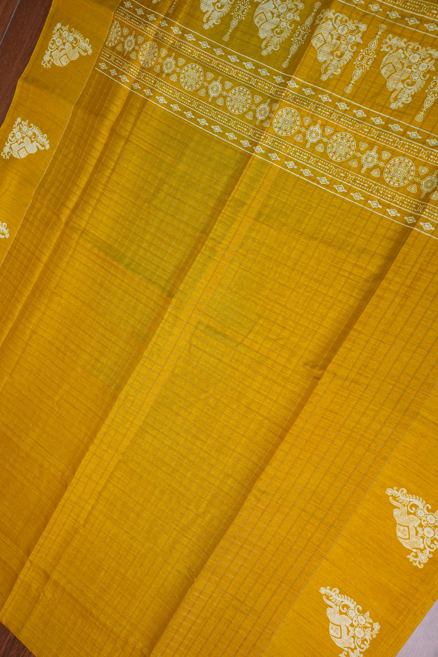 Semi Tussar Saree with Checkered Body & Elephant Motifs – Mustard Yellow