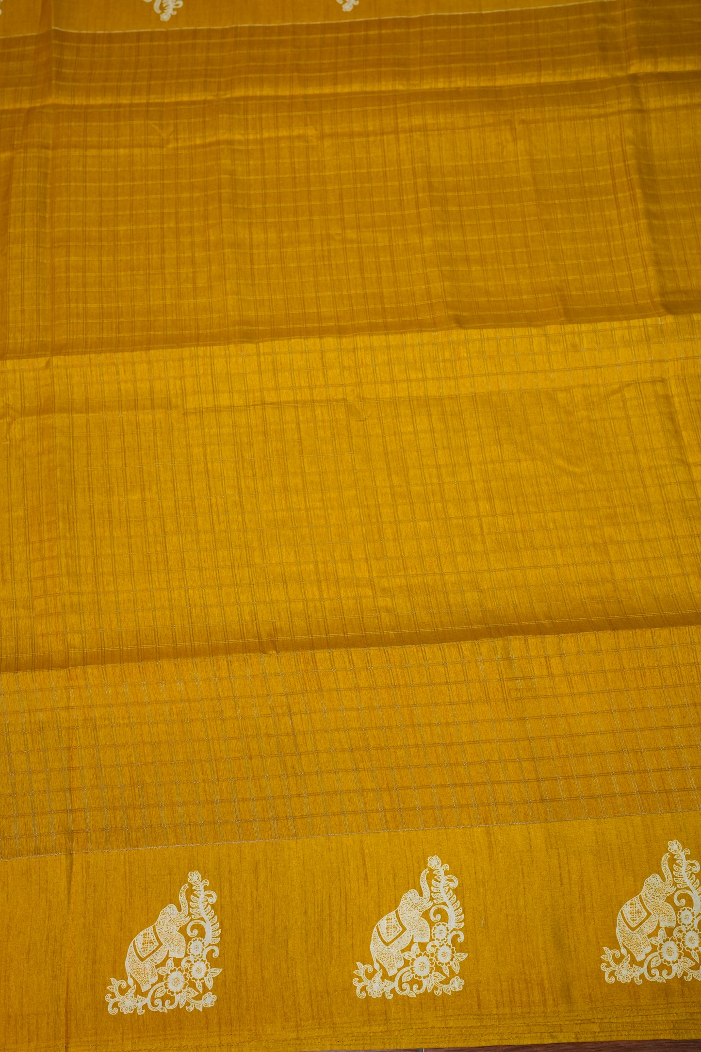 Semi Tussar Saree with Checkered Body & Elephant Motifs – Mustard Yellow