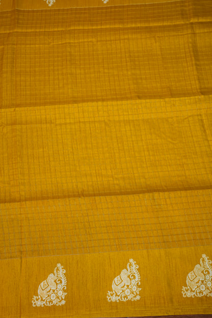Semi Tussar Saree with Checkered Body & Elephant Motifs – Mustard Yellow