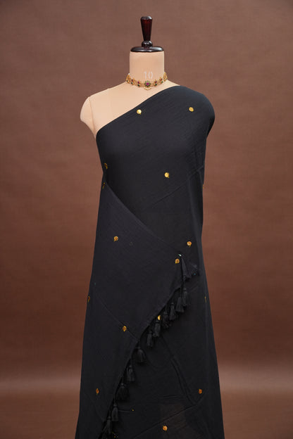 Mulmul Cotton Saree with Tassels - Black