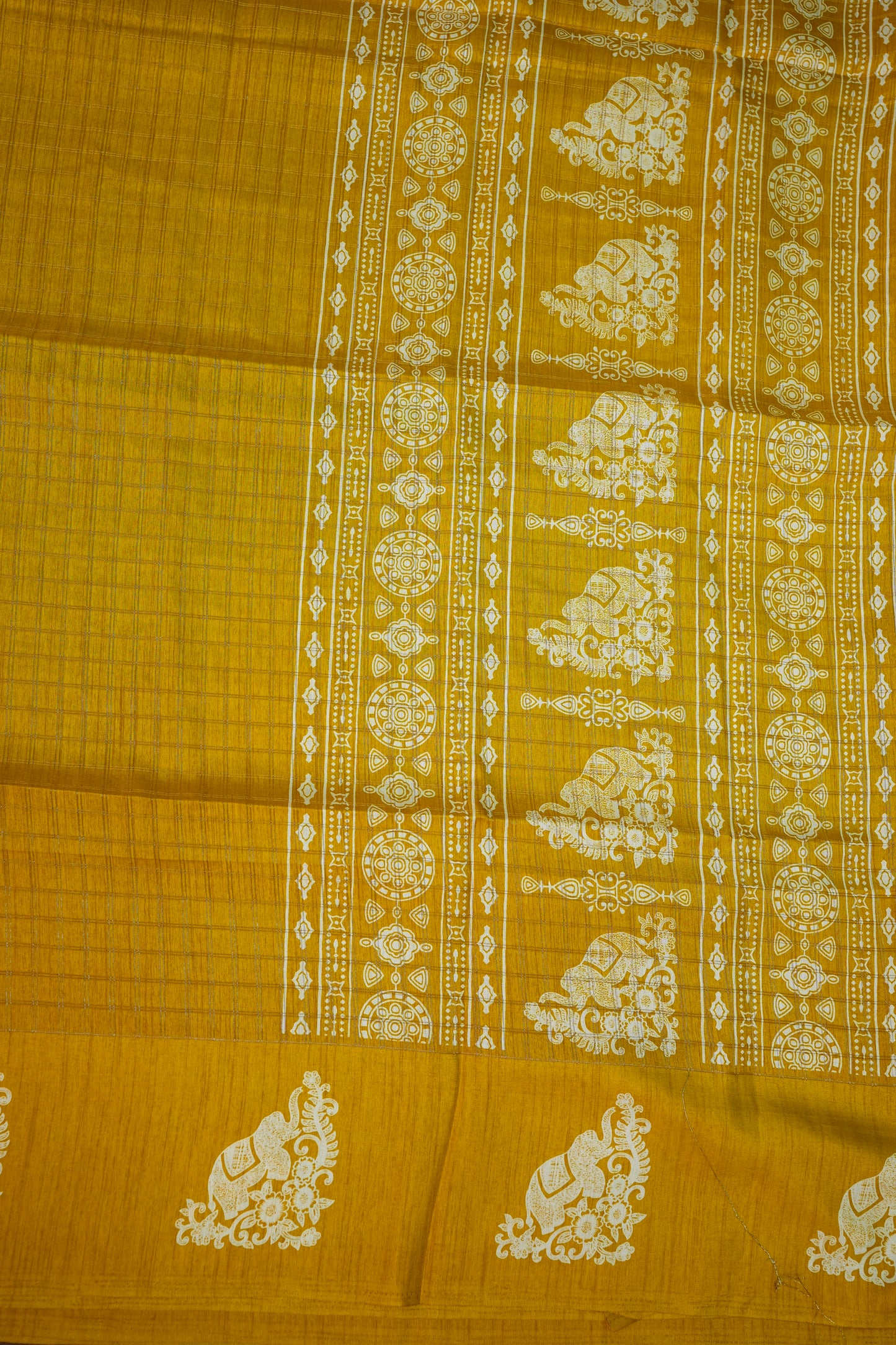 Semi Tussar Saree with Checkered Body & Elephant Motifs – Mustard Yellow