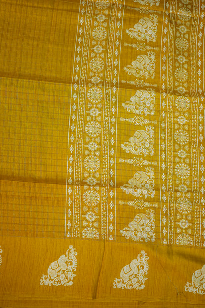 Semi Tussar Saree with Checkered Body & Elephant Motifs – Mustard Yellow