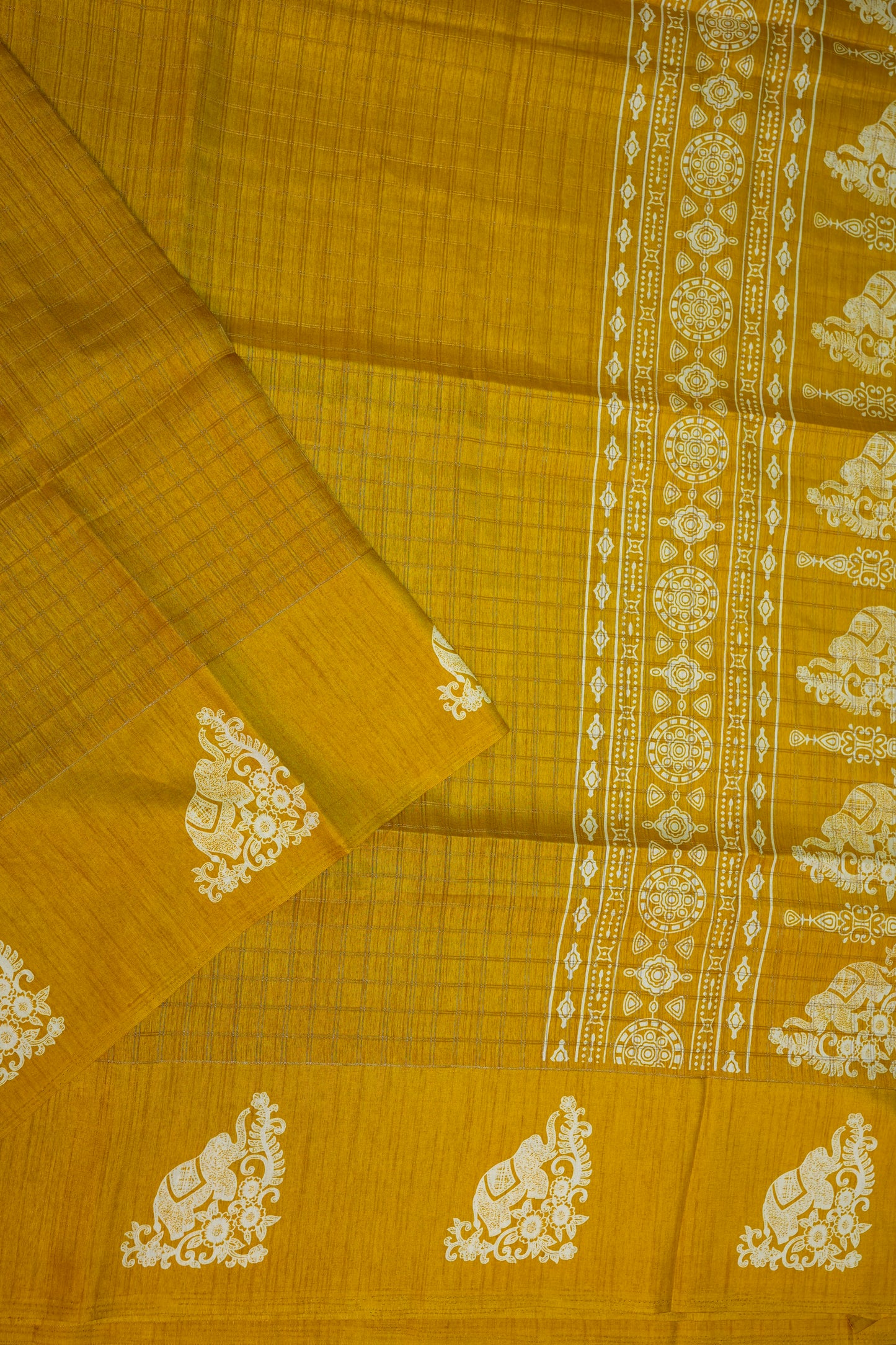 Semi Tussar Saree with Checkered Body & Elephant Motifs – Mustard Yellow