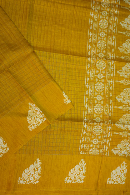 Semi Tussar Saree with Checkered Body & Elephant Motifs – Mustard Yellow
