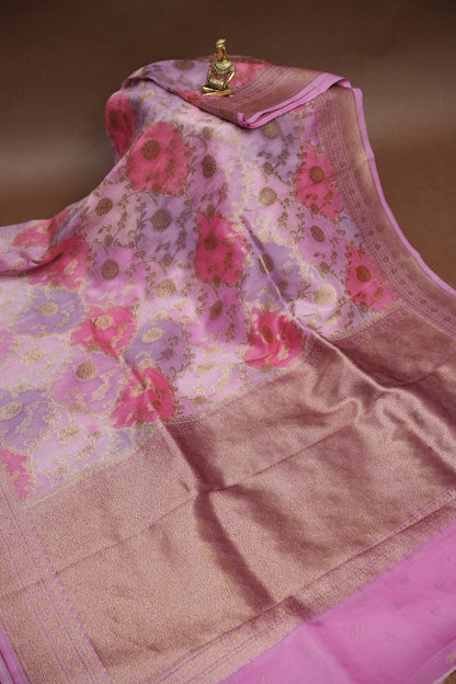 Pure Kora Banarasi Silk Saree in Blush Pink with Floral Jaal Weaving