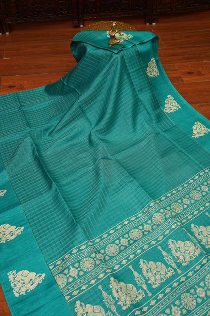 Semi Tussar Saree with Checkered Body & Elephant Motifs – Turquoise Blue