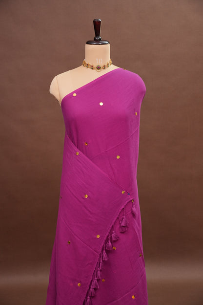 Mulmul Cotton Saree with Tassels - Dark Pink
