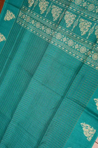 Semi Tussar Saree with Checkered Body & Elephant Motifs – Turquoise Blue