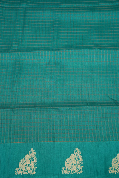 Semi Tussar Saree with Checkered Body & Elephant Motifs – Turquoise Blue
