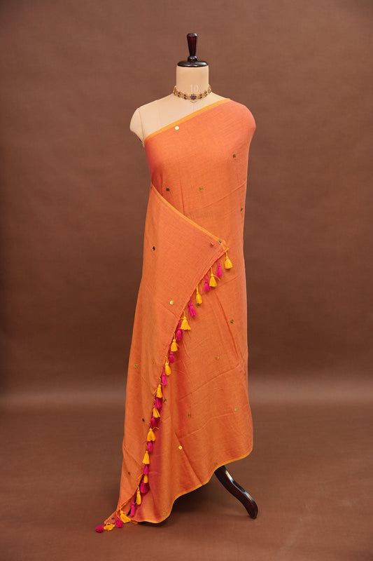 Mulmul Cotton Saree with Tassels - Peachy Orange