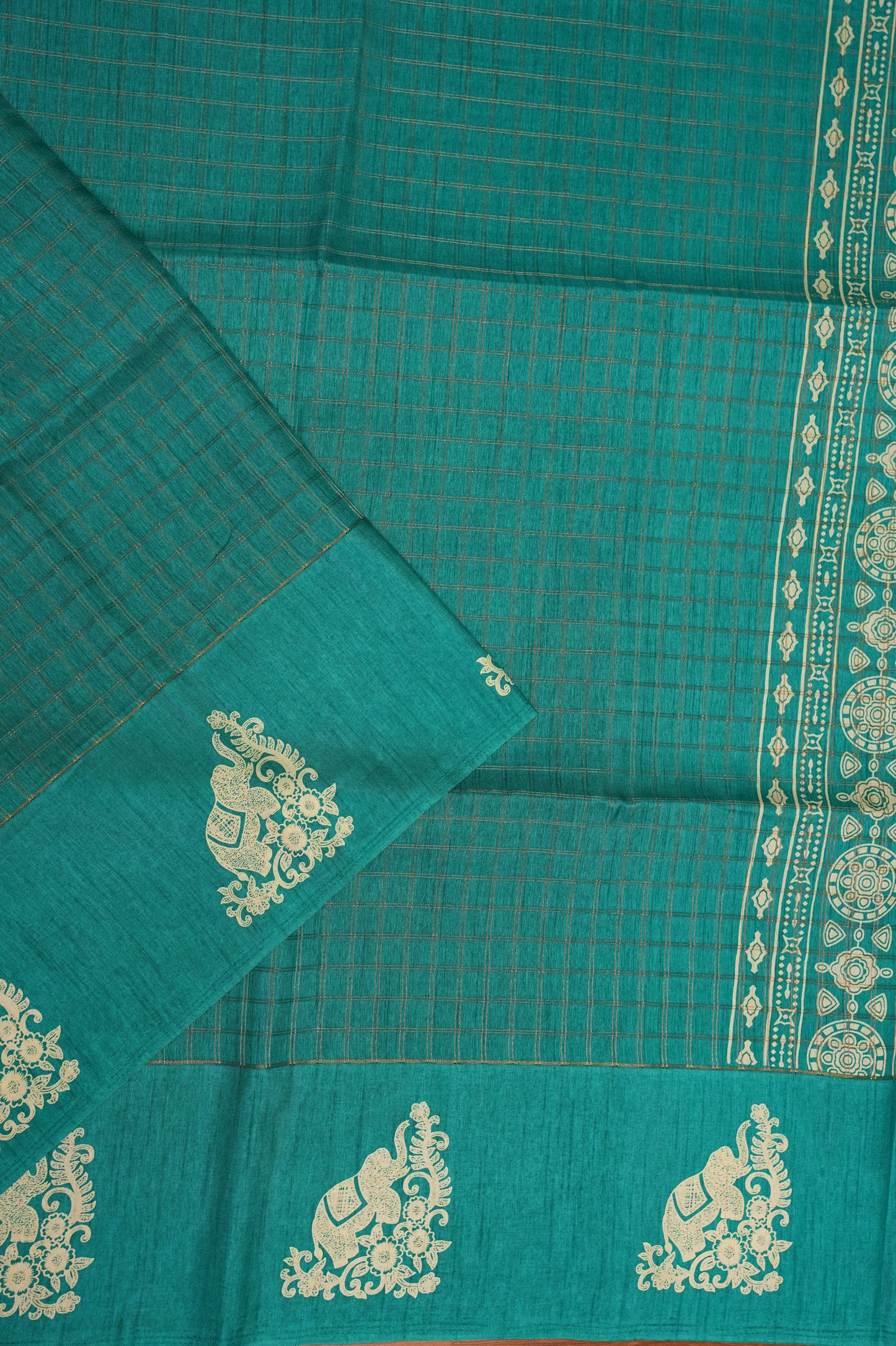 Semi Tussar Saree with Checkered Body & Elephant Motifs – Turquoise Blue