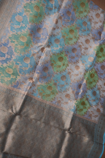 Pure Kora Banarasi Silk Saree with Floral Jaal Weaving – Sky Blue & Mint Green