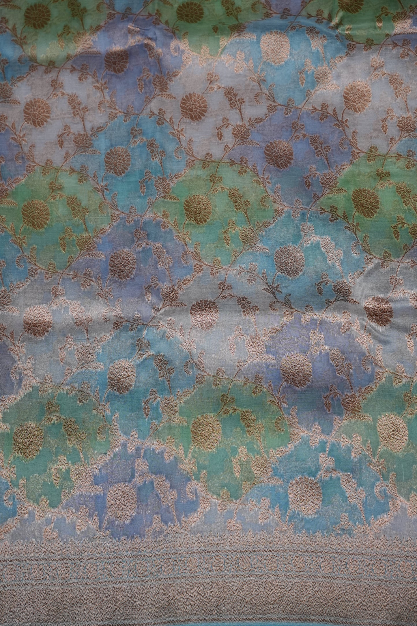 Pure Kora Banarasi Silk Saree with Floral Jaal Weaving – Sky Blue & Mint Green