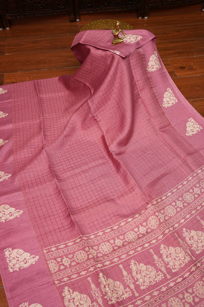 Semi Tussar Saree with Checkered Body & Elephant Motifs – Dusty Rose Pink