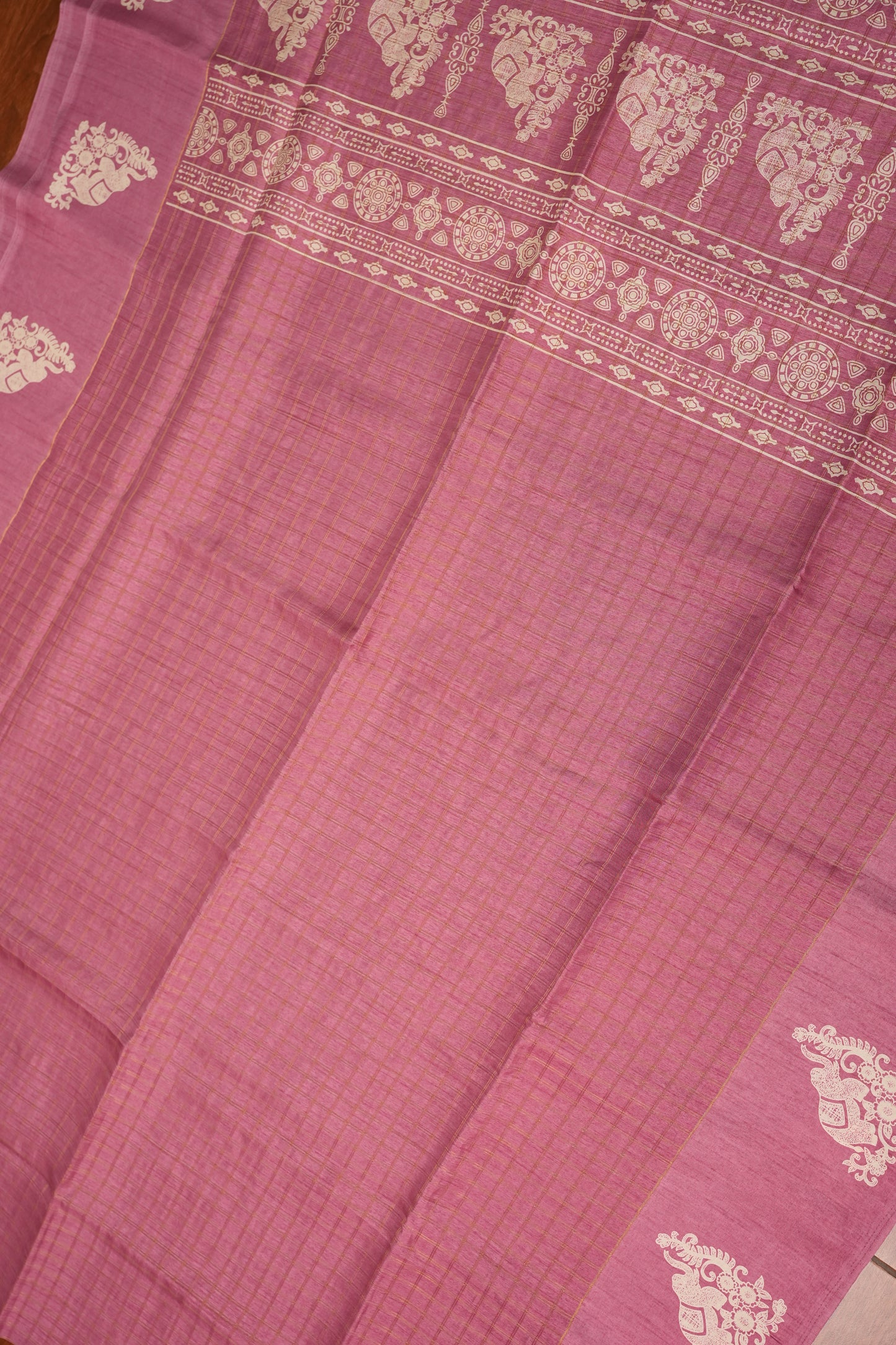 Semi Tussar Saree with Checkered Body & Elephant Motifs – Dusty Rose Pink