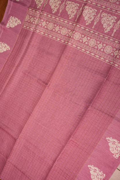 Semi Tussar Saree with Checkered Body & Elephant Motifs – Dusty Rose Pink
