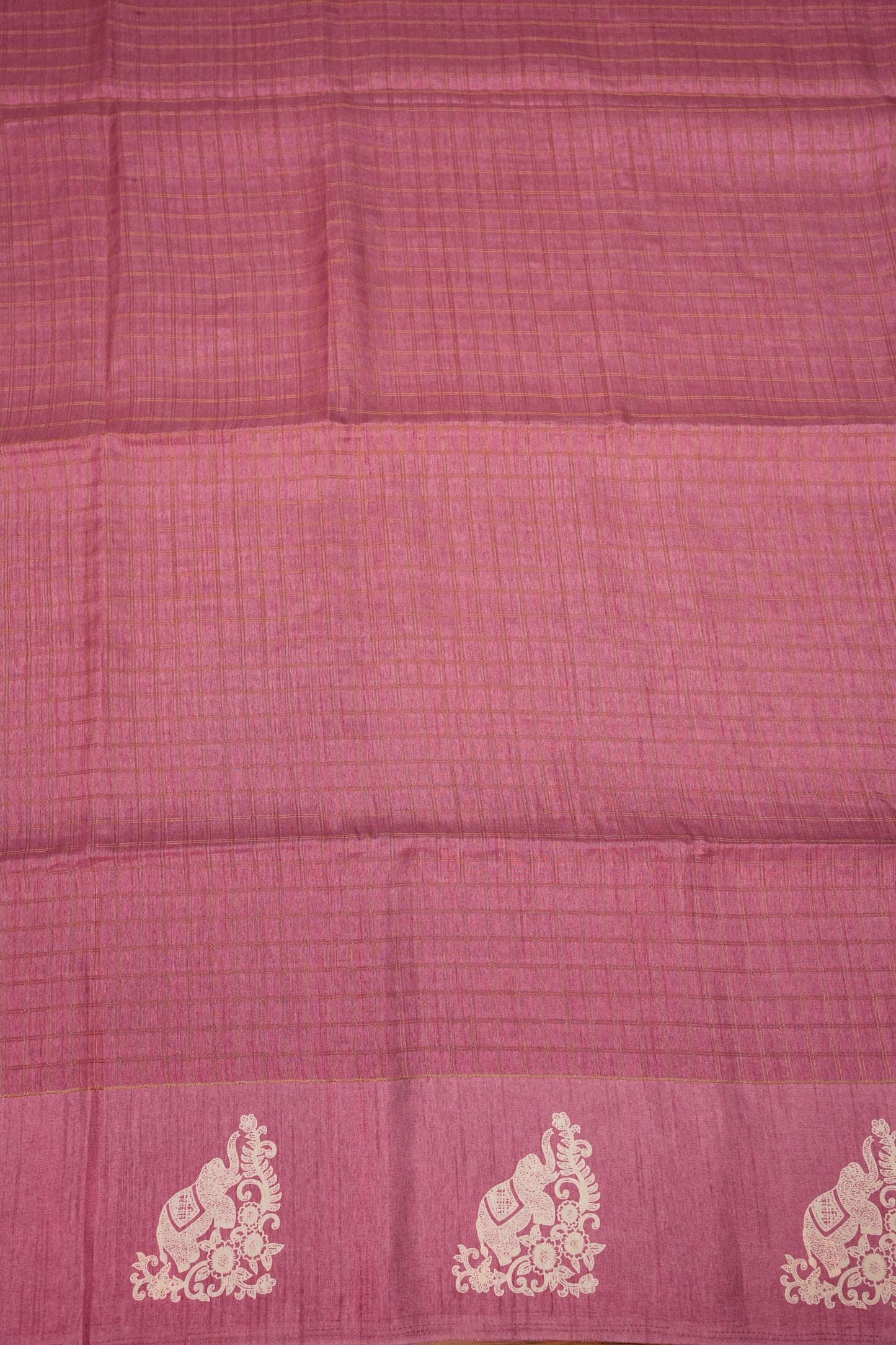Semi Tussar Saree with Checkered Body & Elephant Motifs – Dusty Rose Pink