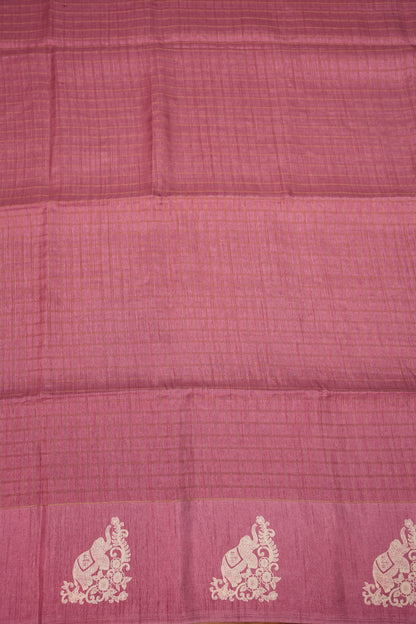 Semi Tussar Saree with Checkered Body & Elephant Motifs – Dusty Rose Pink