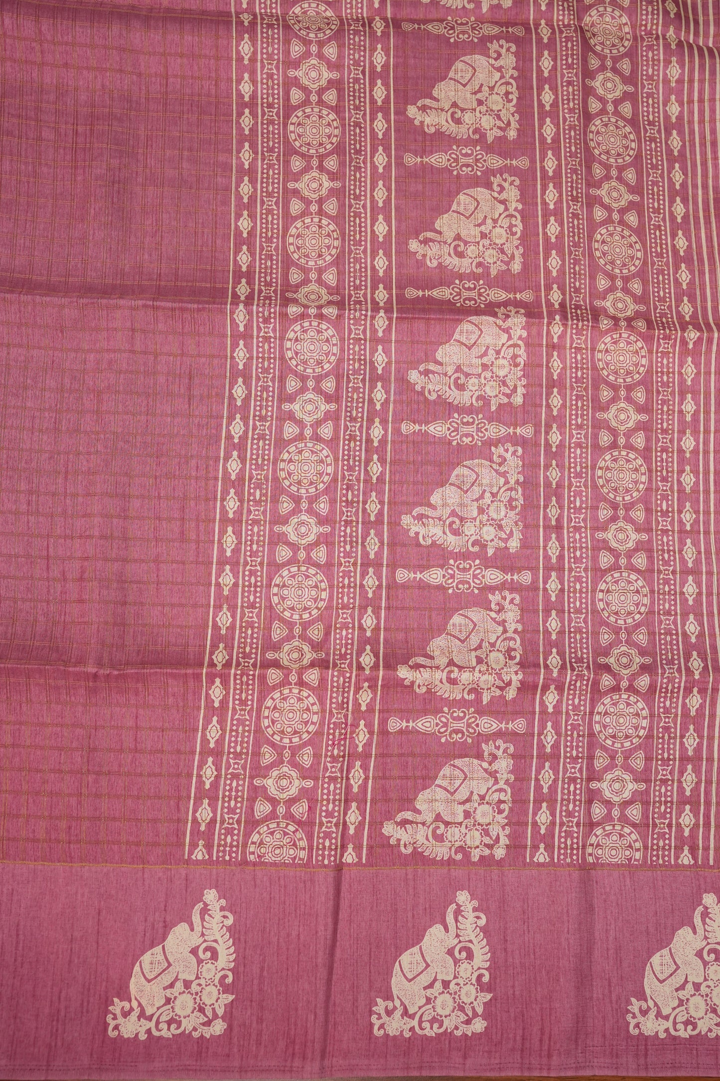 Semi Tussar Saree with Checkered Body & Elephant Motifs – Dusty Rose Pink