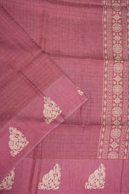 Semi Tussar Saree with Checkered Body & Elephant Motifs – Dusty Rose Pink
